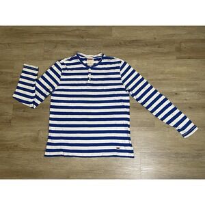 Levis Henley Shirt Mens Sz L Blue White Striped Short Sleeve Skater